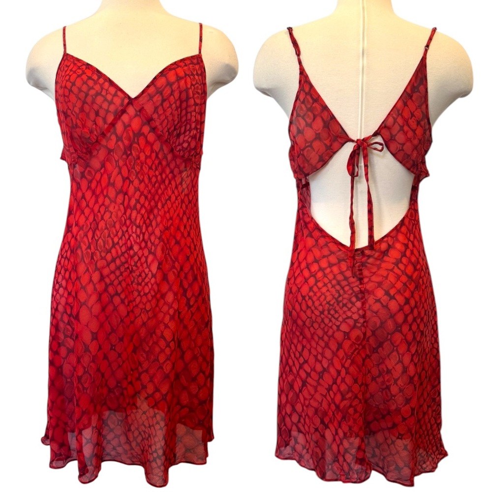 Y2K Victoria’s Secret Silk Chiffon Red Print Keyhole Cutout Vintage Slip Dress